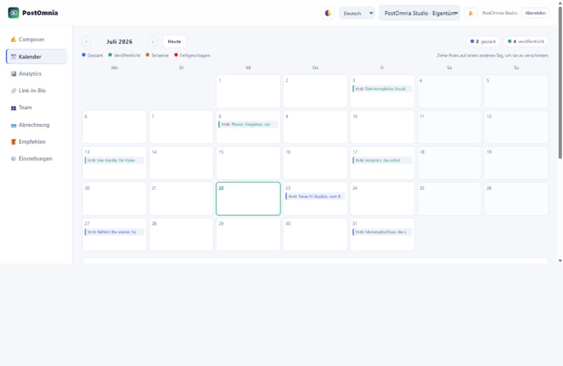 Current PostOmnia content calendar with scheduled and published campaign posts