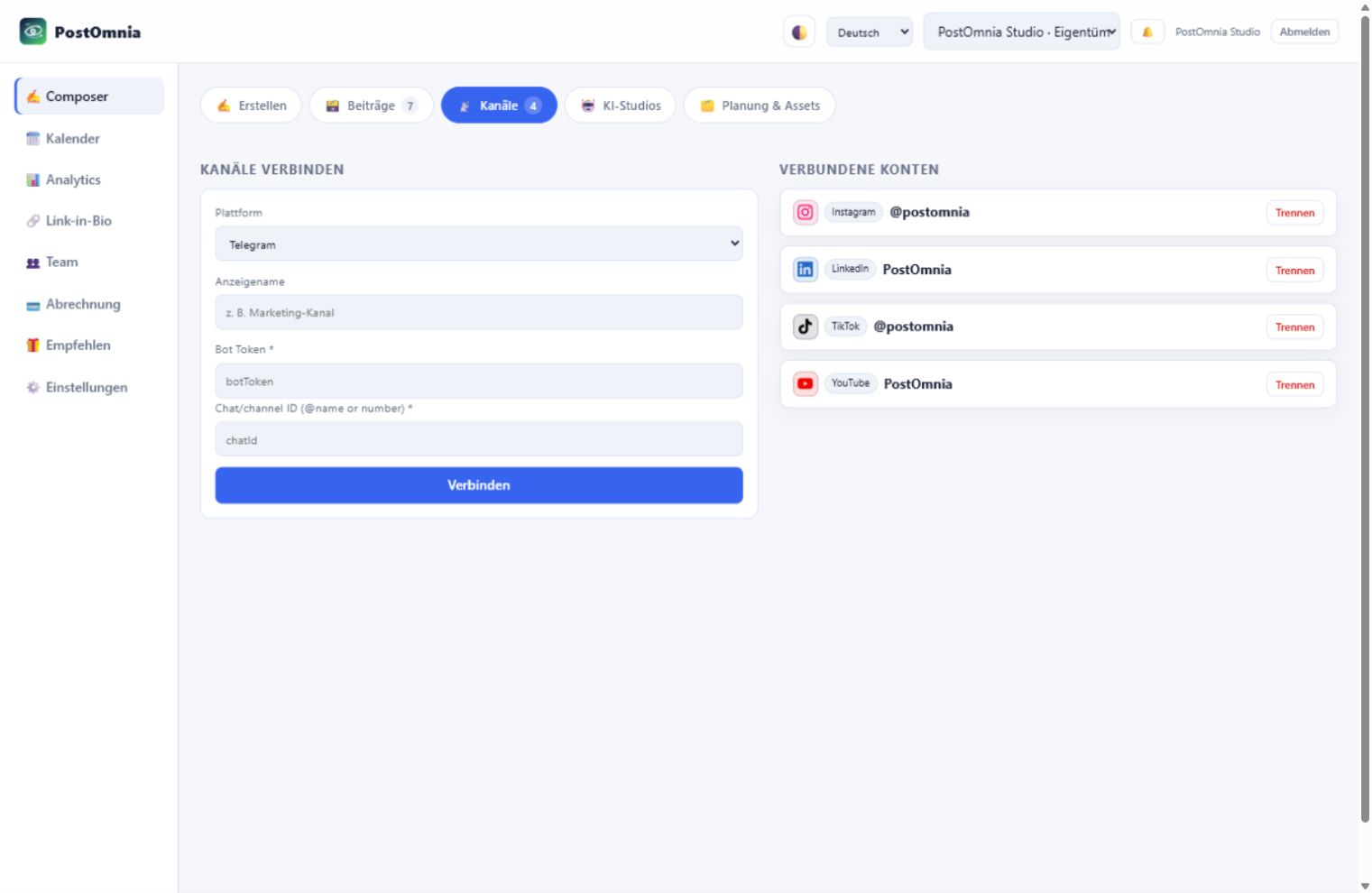 Current PostOmnia channel connection screen with connected social accounts