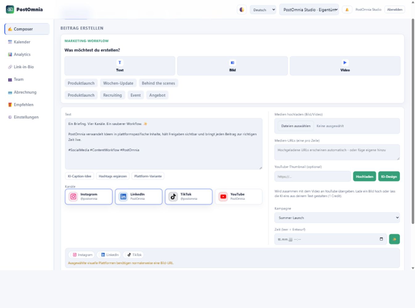Current PostOmnia Composer with four selected channels and campaign controls