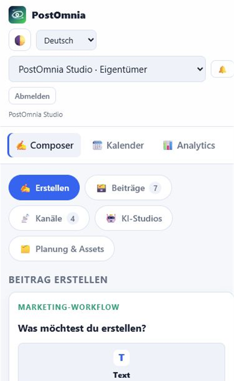 Current PostOmnia mobile Composer navigation and creation workflow